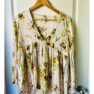 Free People Bella Ivory Floral Print Bell Sleeve Tunic Top Boho Peasant- Medium